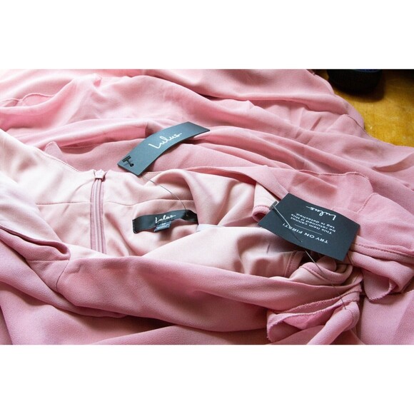 NWT Lulus Pastel Pink Chiffon Tiered Layered Romantic V Neck Maxi Dress Gown M - Picture 4 of 5